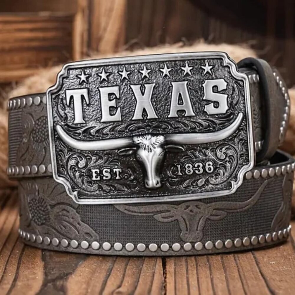 Texas Longhorn Silver & Black Buckle with Pleather Gray 46" Length Belt